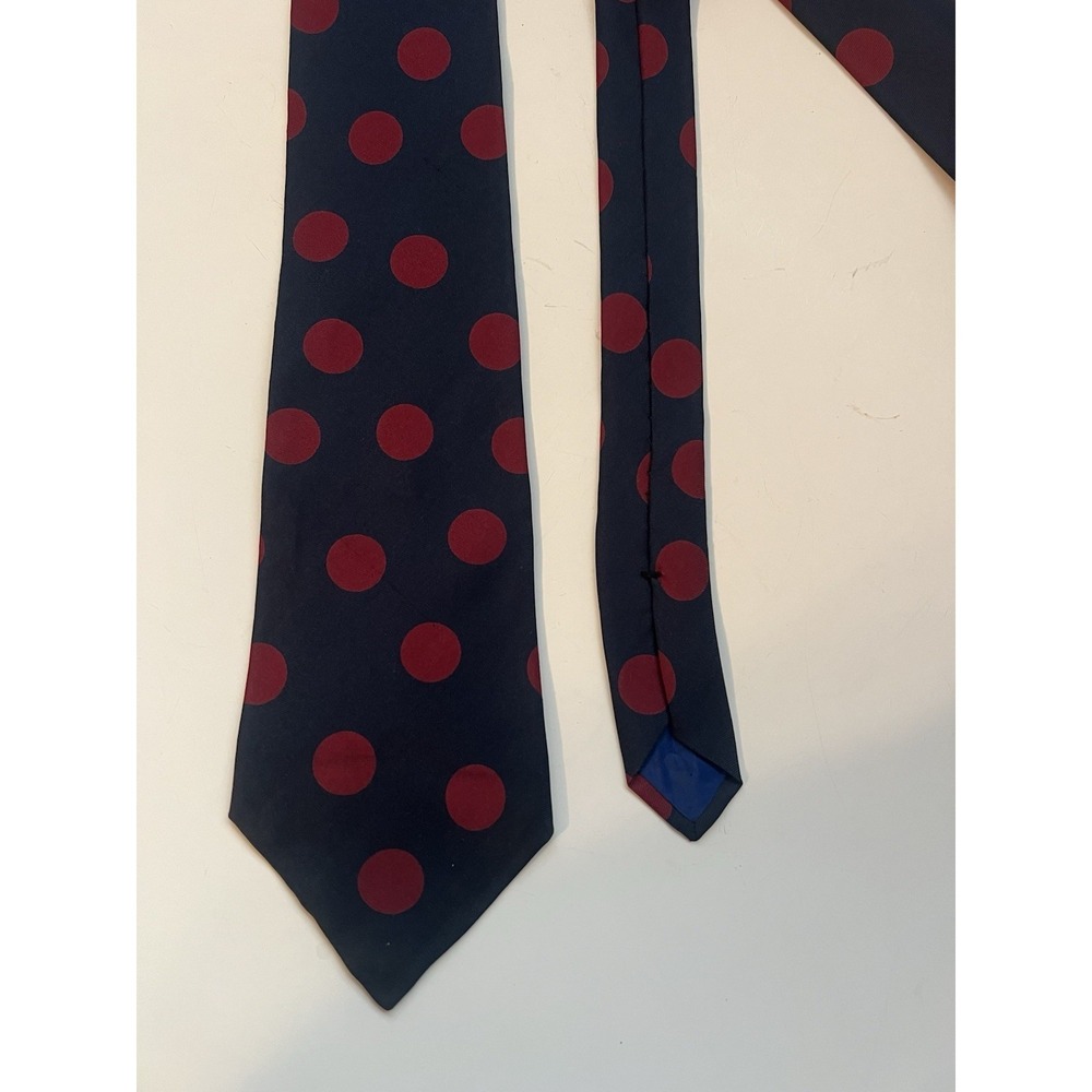 Vintage Men's Perry Ellis Navy Blue Maroon Polka Dot Silk Tie Italy